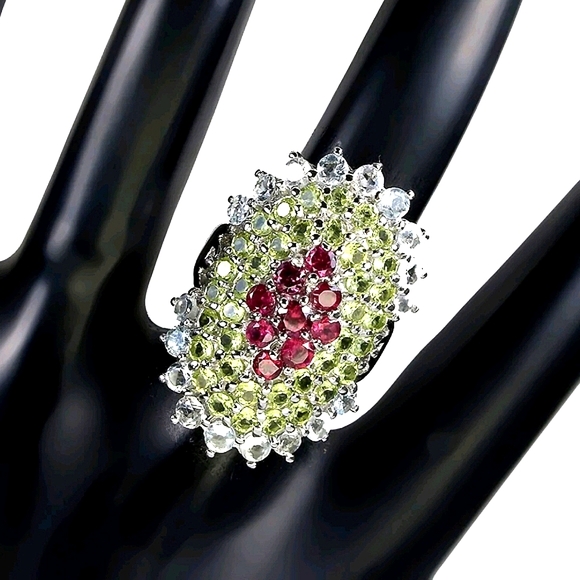 Natural Rhodolite Garnet, Aquamarine, Peridot 925 Sterling Silver Ring 8 - Picture 3 of 3